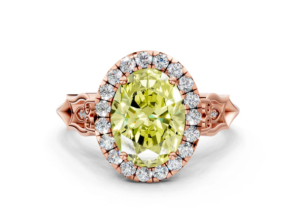 Rose gold Fancy Yellow Oval  Halo Diamond Engagement Ring with Filigree Band and Four-Prong Setting