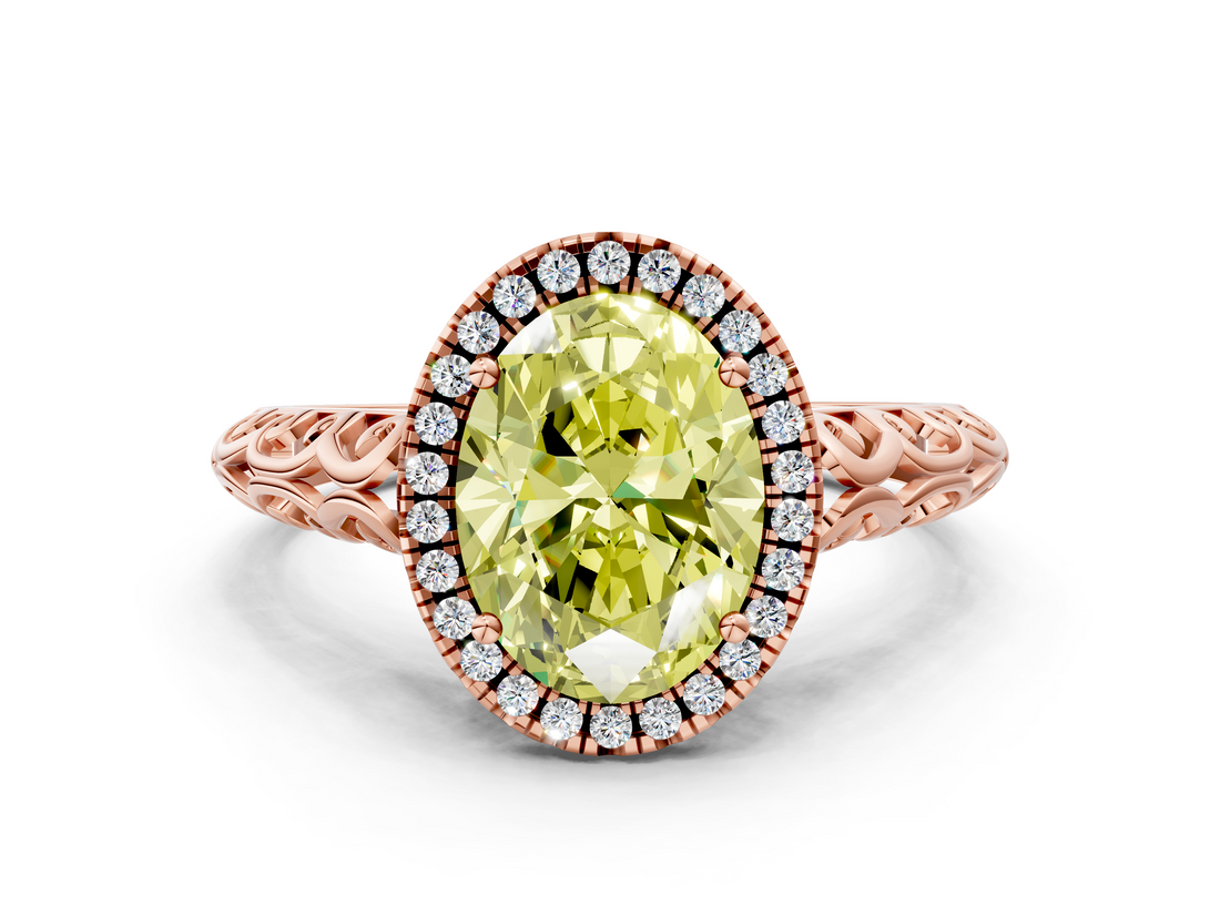 Rose gold Fancy Yellow Oval  Halo Diamond Engagement Ring with Intricate Filigree Band and Four-Prong Setting_37