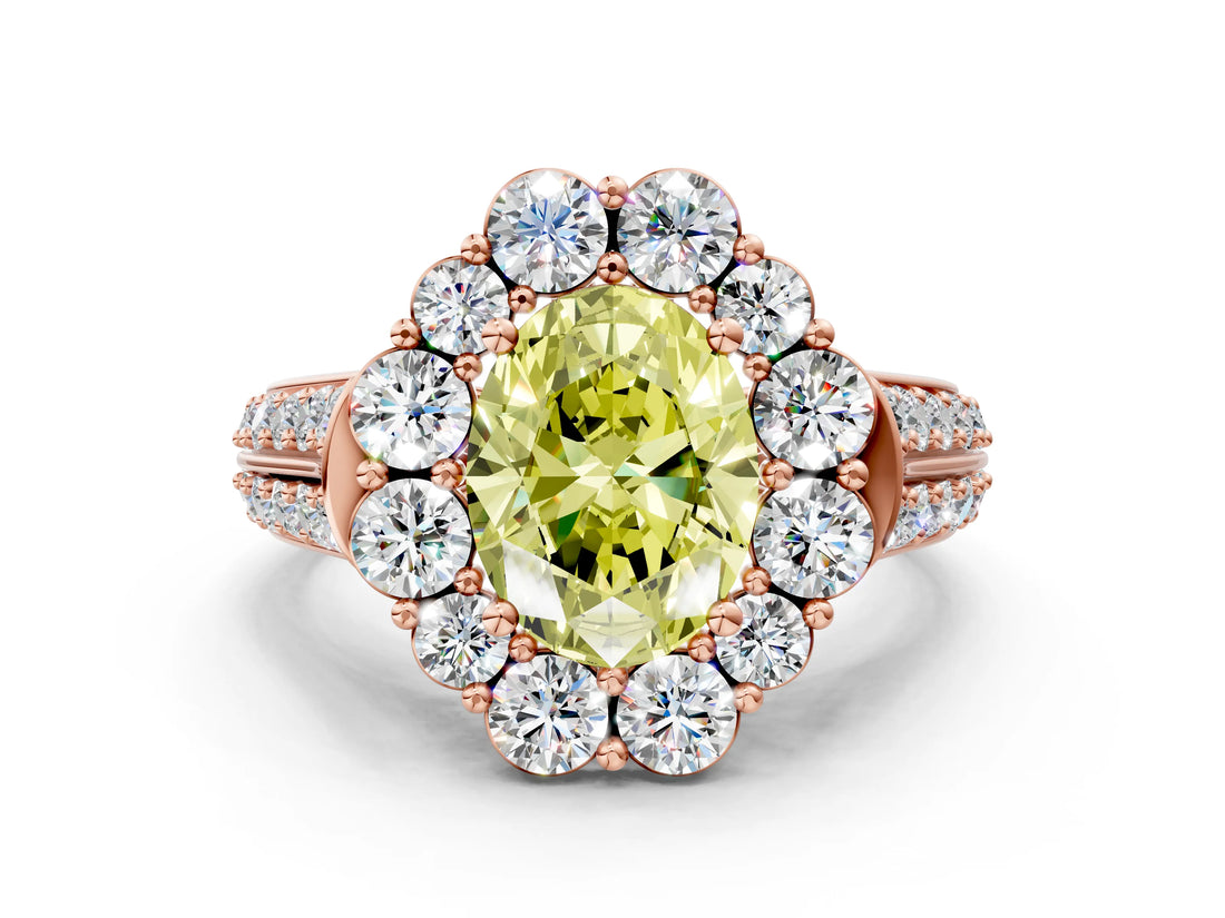 Rose gold Fancy Yellow Oval  Halo Diamond Engagement Ring with Split Shank and Prong Setting_65