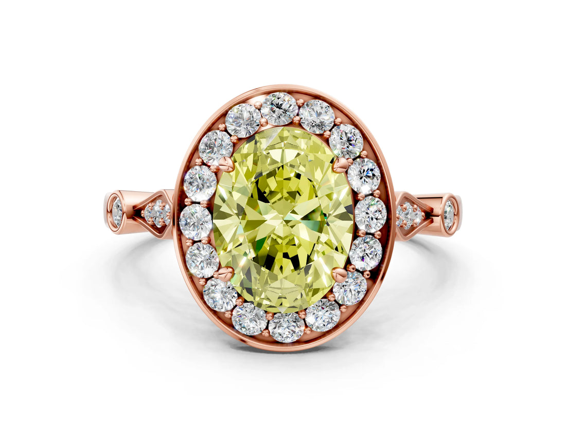 Rose gold Fancy Yellow Oval  Halo Diamond Engagement Ring with Twisted Band and Four-Prong Setting