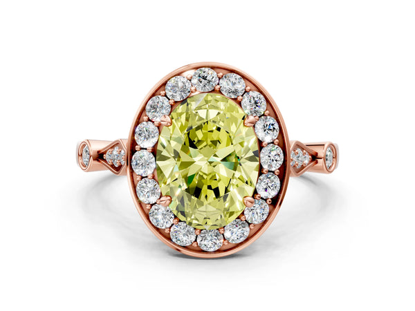Rose Gold Oval Bezel Station Halo Engagement Ring Setting for Fancy Yellow Center