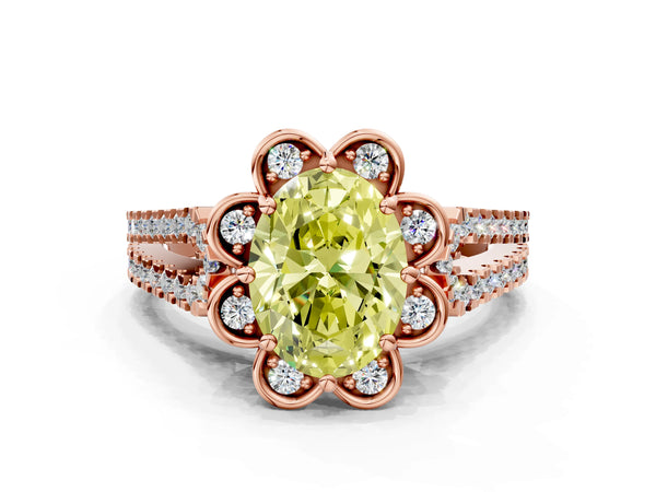 Rose gold Fancy Yellow Oval  Halo Diamond Floral Split Shank Engagement Ring