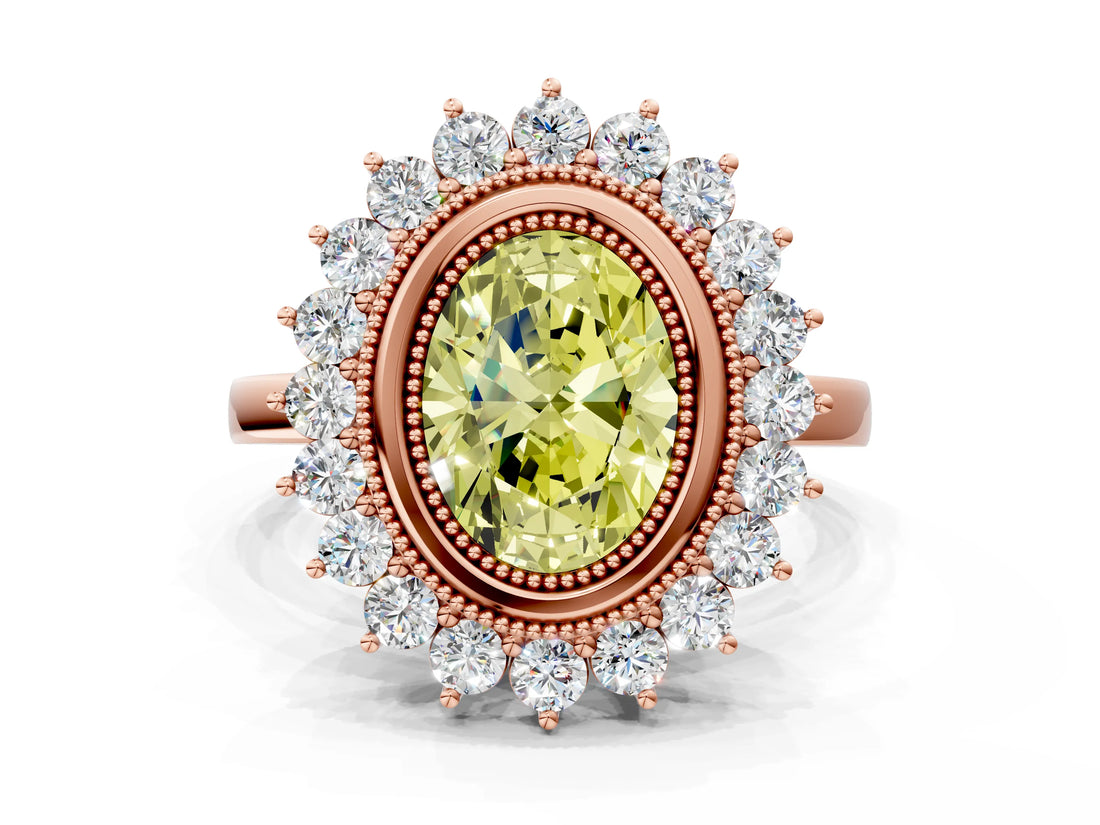 Rose gold Fancy Yellow Oval  Halo Diamond Ring with Milgrain Edge and Round Prong Setting_26