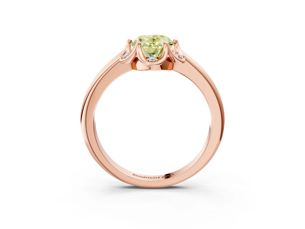 Rose gold Fancy Yellow Oval  Halo Diamond Ring with Round Cluster Setting, Solitaire Band, and Four-Prong Setting