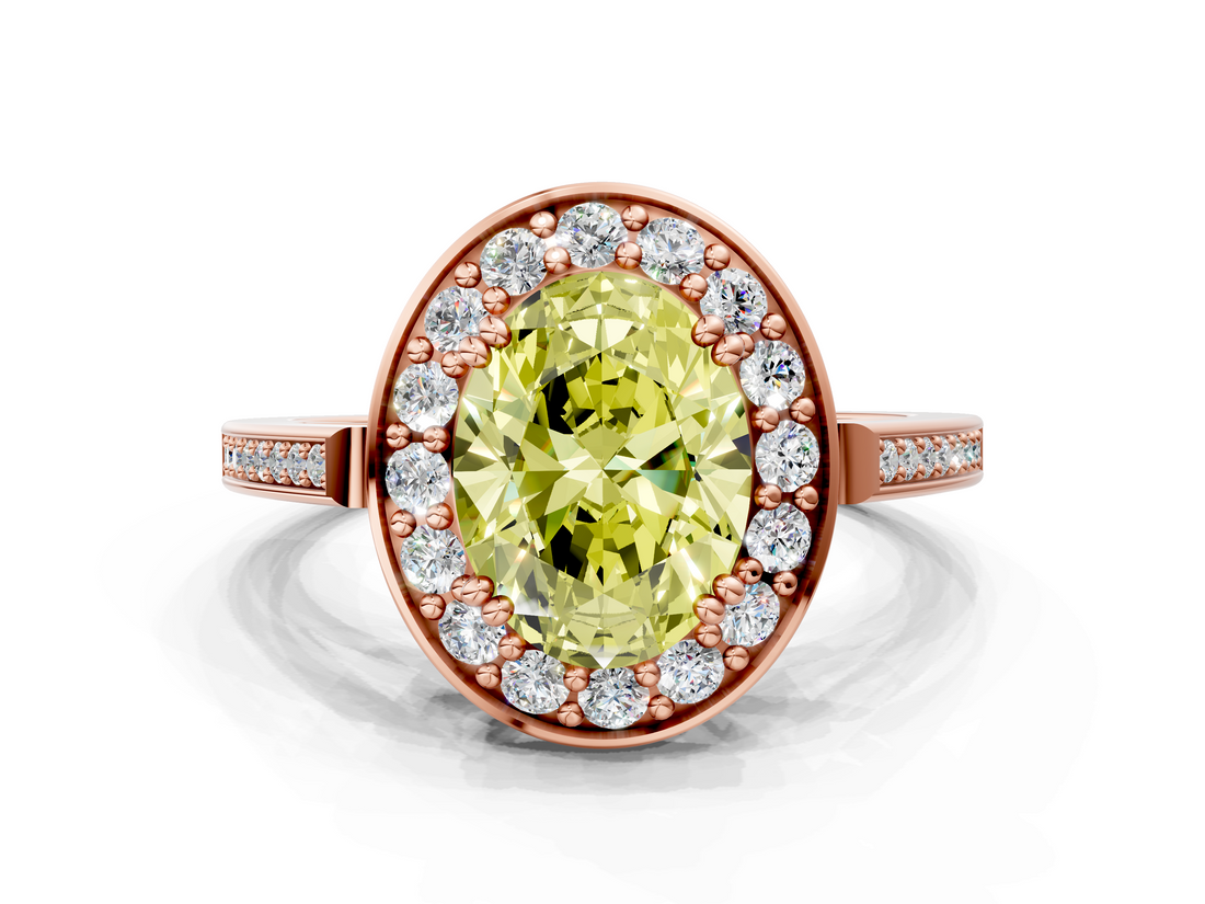 Rose gold Fancy Yellow Oval  Halo Diamond Ring with Split Shank and Four-Prong Setting_114