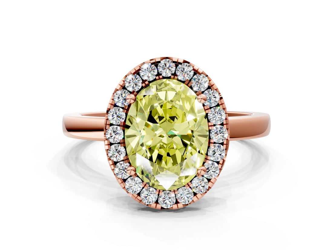 Rose gold Fancy Yellow Oval  Halo Diamond Solitaire with Pavé Band and Four-Prong Setting_92