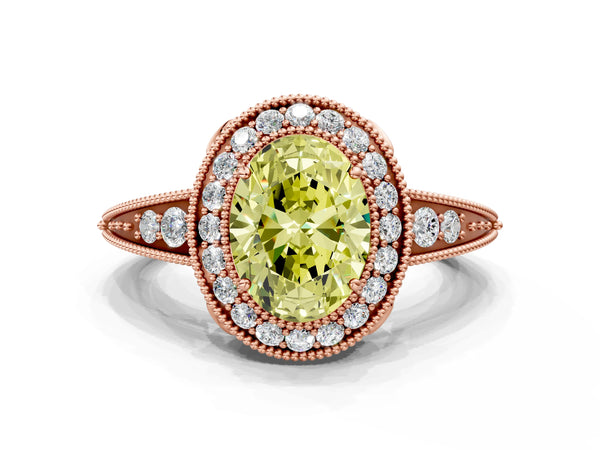 Rose gold Fancy Yellow Oval  Halo Diamond Split Shank Ring with Milgrain Detail