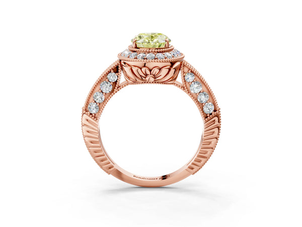 Rose gold Fancy Yellow Oval  Halo Diamond Split Shank Ring with Milgrain Detail