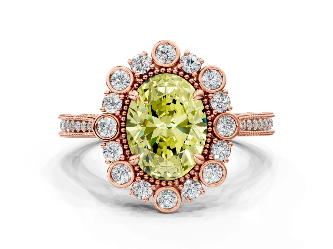 Rose gold Fancy Yellow Oval  Halo Milgrain Pave Diamond Ring with Four-Prong Setting 1