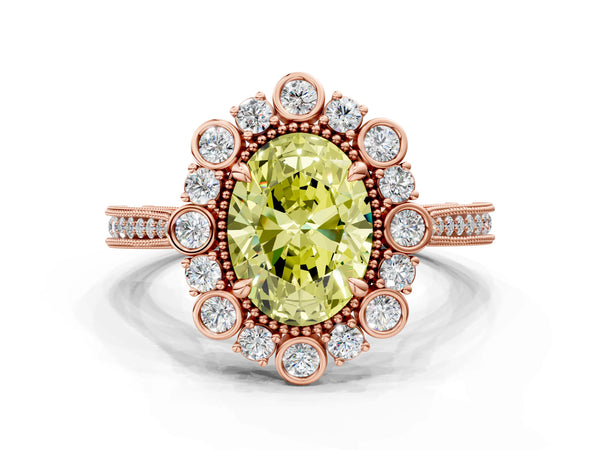 Rose gold Fancy Yellow Oval  Halo Milgrain Pave Diamond Ring with Four-Prong Setting