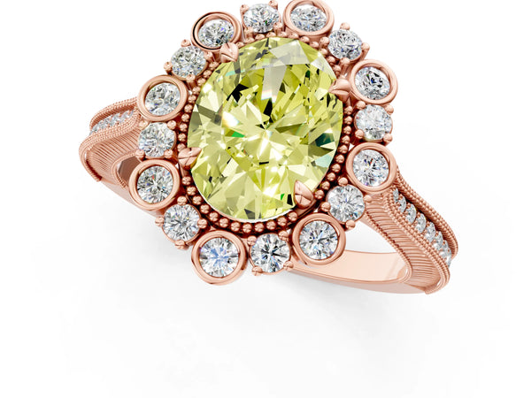 Rose gold Fancy Yellow Oval  Halo Milgrain Pave Diamond Ring with Four-Prong Setting