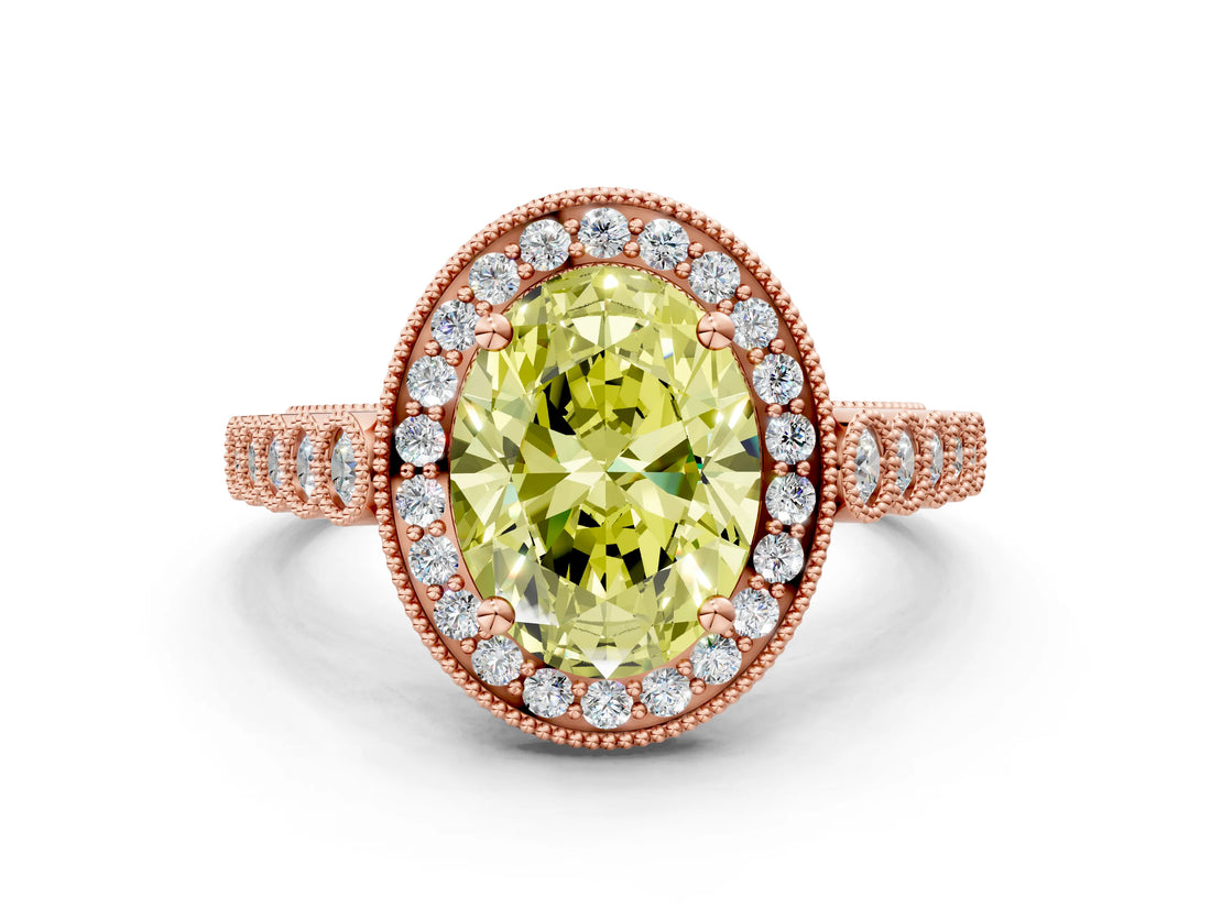 Rose gold Fancy Yellow Oval  Halo Milgrain Solitaire with Bezel Set Side Stones and Pave Band_22
