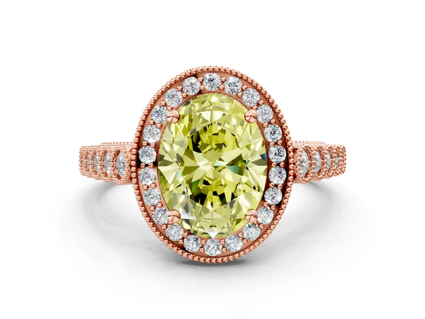 Rose gold Fancy Yellow Oval  Halo Milgrain Solitaire with Bezel Set Side Stones and Pave Band