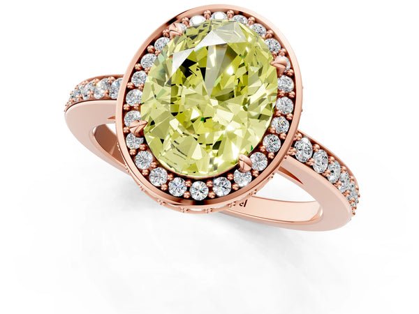 Rose gold Fancy Yellow Oval  Halo Pave Band Solitaire Ring with Prong Setting