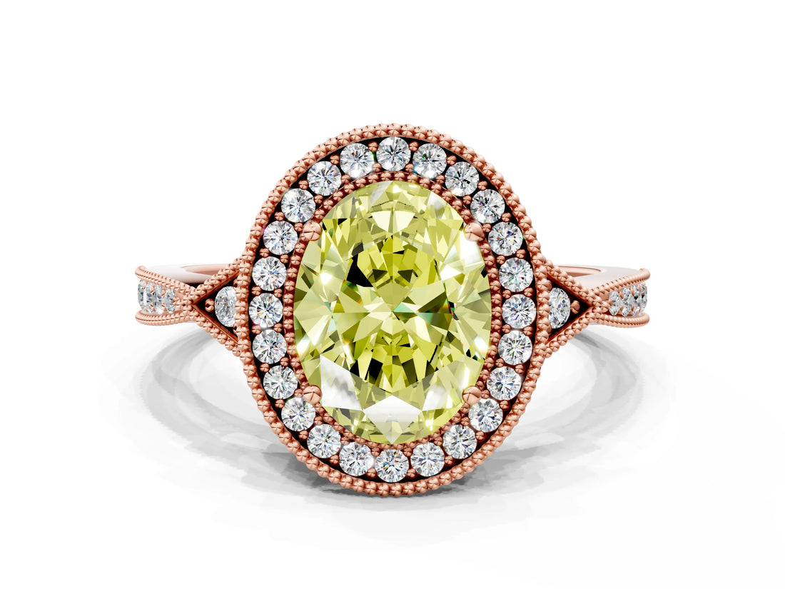 Rose gold Fancy Yellow Oval  Halo Round Diamond Milgrain Pave Engagement Ring_3