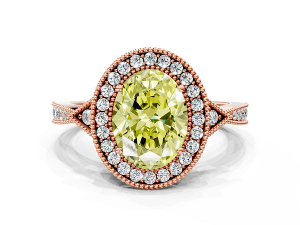 Rose gold Fancy Yellow Oval  Halo Round Diamond Milgrain Pave Engagement Ring