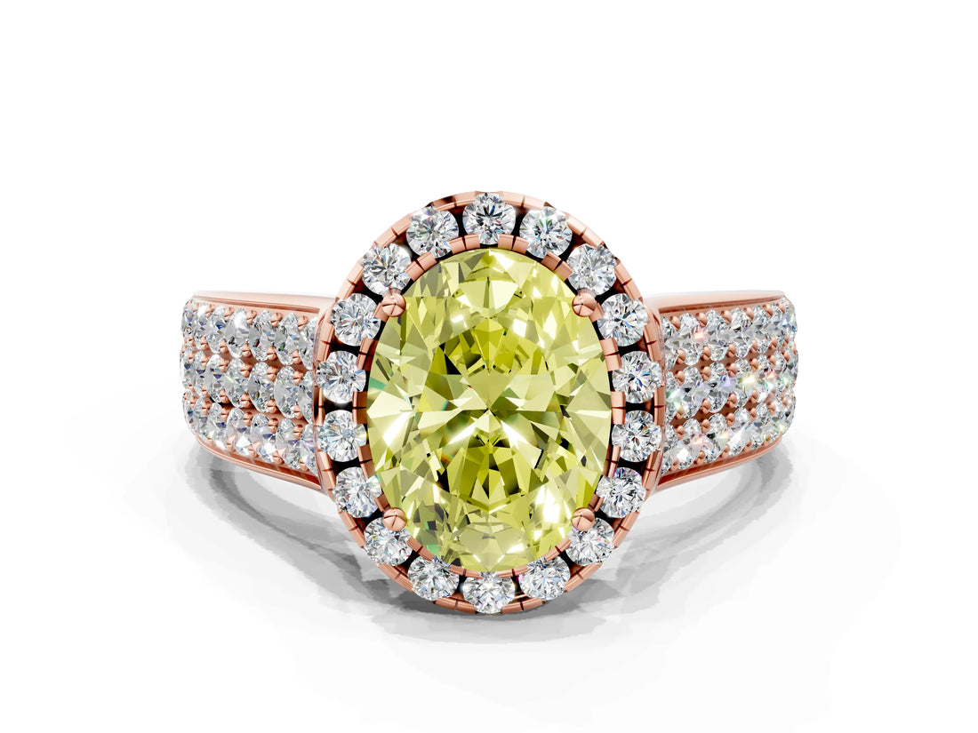 Rose gold Fancy Yellow Oval  Halo Round Diamond Pave Band with Prong Setting