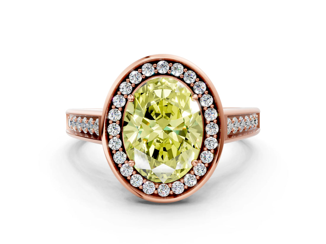 Rose gold Fancy Yellow Oval  Halo Solitaire Diamond Ring with Pave Band and Bezel Setting_49