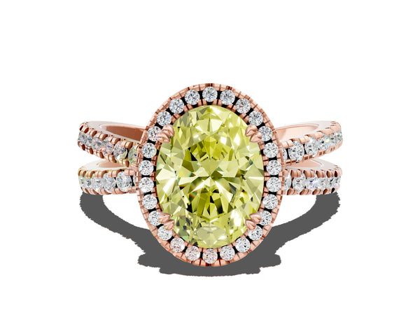 Rose gold Fancy Yellow Oval  Halo Split Shank Diamond Ring with Pavé Setting