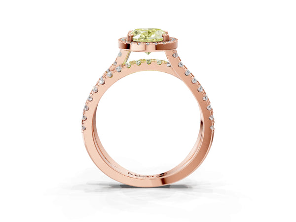 Rose gold Fancy Yellow Oval  Halo Split Shank Diamond Ring with Pavé Setting