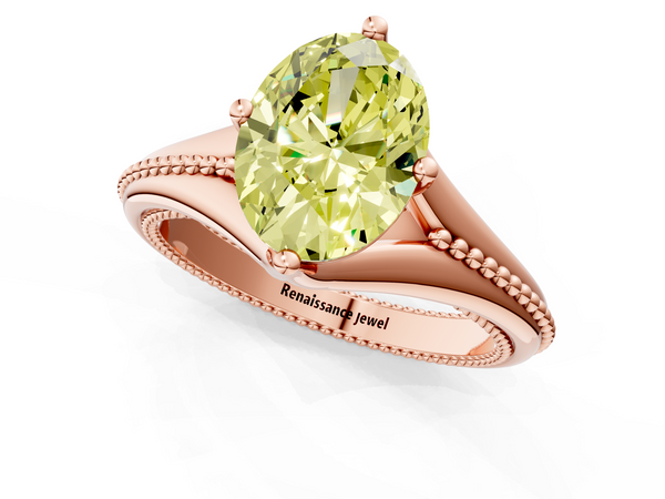 Rose gold Fancy Yellow Oval  Solitaire Beaded Band Six-Prong Setting