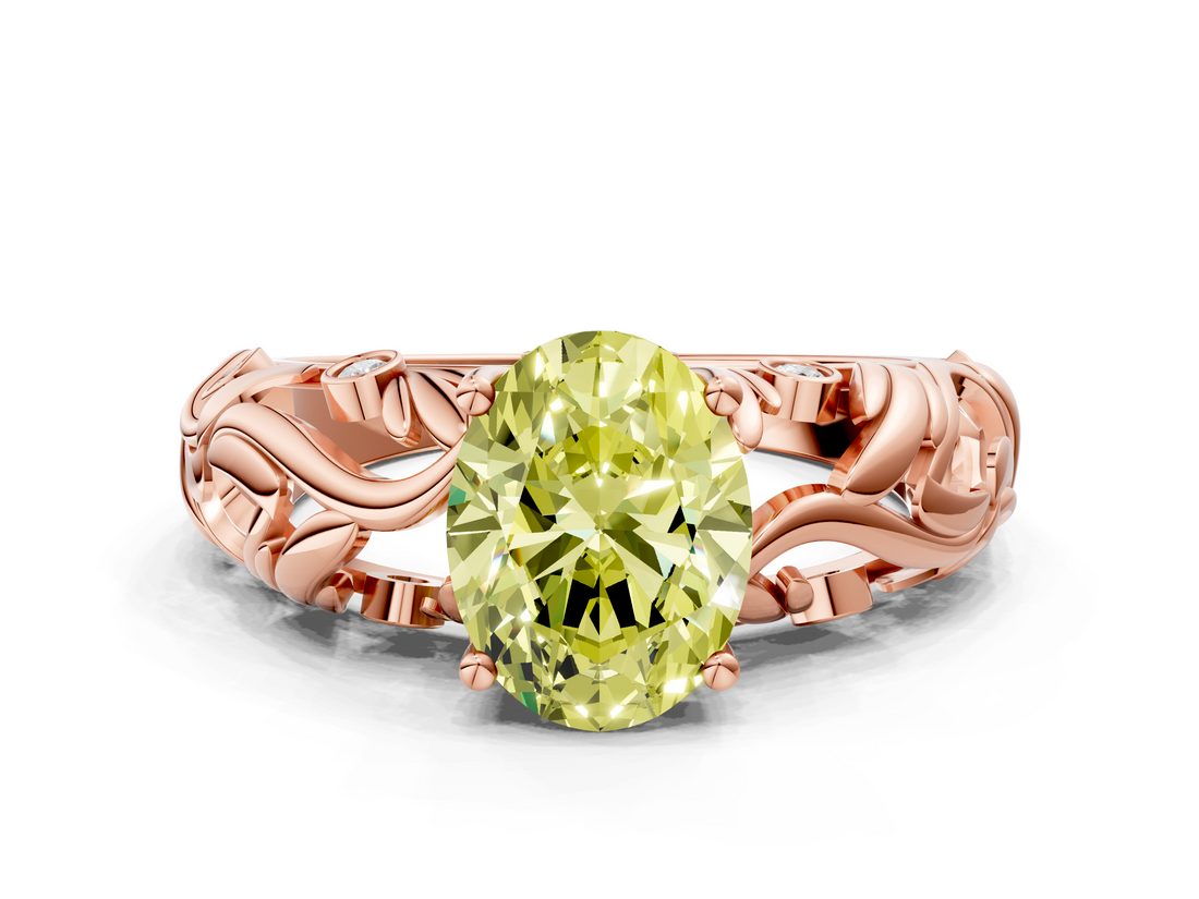 Rose gold Fancy Yellow Oval  Solitaire Diamond Leaf Vine Band with Prong Setting_27