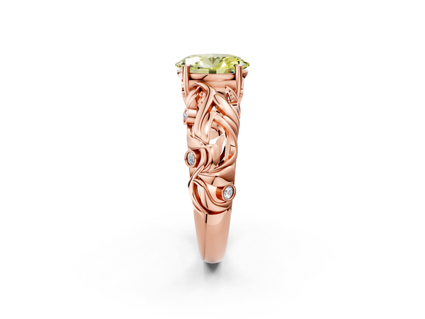 Rose gold Fancy Yellow Oval Cut Solitaire Diamond Leaf-Inspired Vine Band Ring with Prong Setting