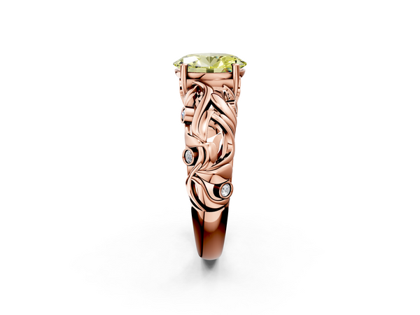 Rose gold Fancy Yellow Oval Cut Solitaire Diamond Leaf-Inspired Vine Band Ring with Prong Setting