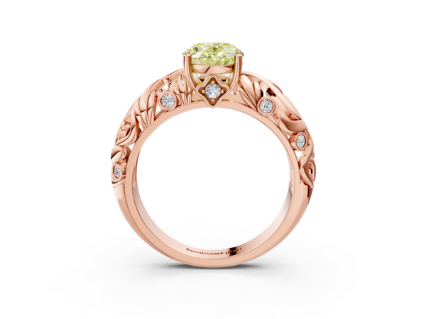 Rose gold Fancy Yellow Oval Cut Solitaire Diamond Leaf-Inspired Vine Band Ring with Prong Setting