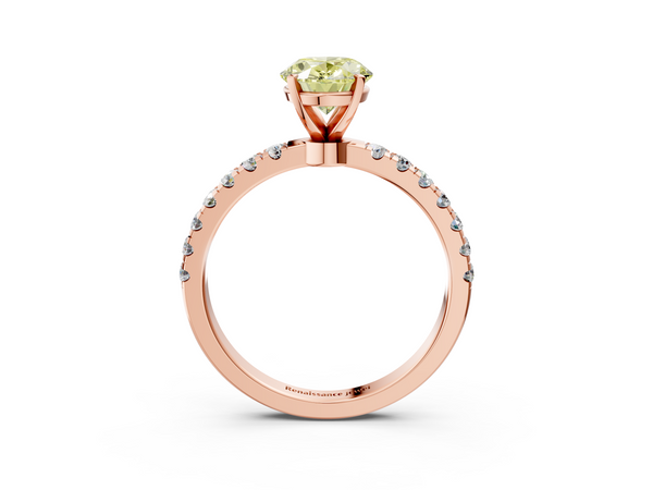 Rose gold Fancy Yellow Oval Cut Diamond Solitaire Ring with Pavé Accents and Four-Prong Setting