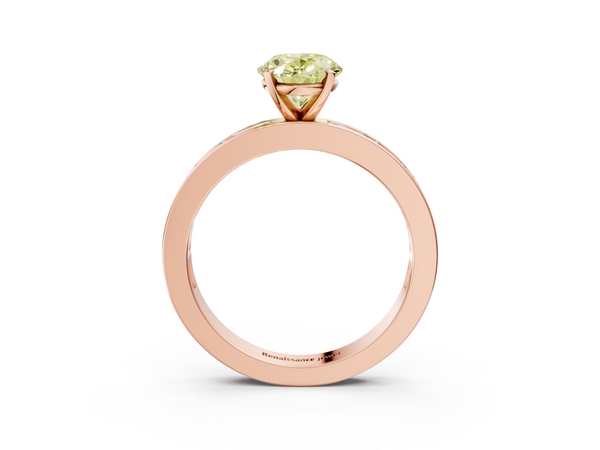 Rose gold Fancy Yellow Oval  Solitaire Diamond Ring with Channel-Set Baguette Band and Four-Prong Setting