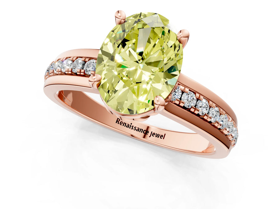 Rose gold Fancy Yellow Oval  Solitaire Diamond Ring with Channel Set Band and Six-Prong Setting