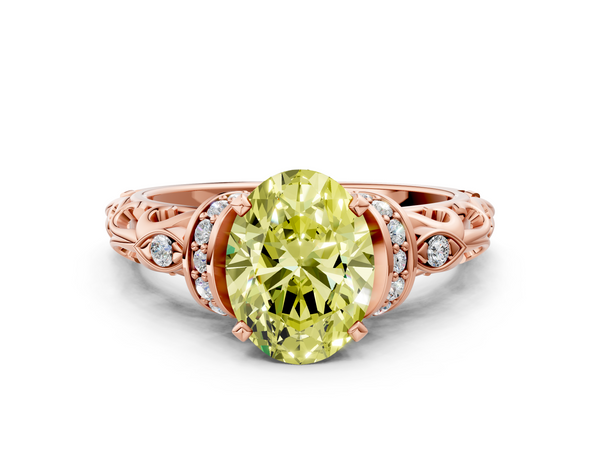 Rose gold Fancy Yellow Oval Cut Diamond Solitaire Ring with Filigree Band and Four-Prong Setting