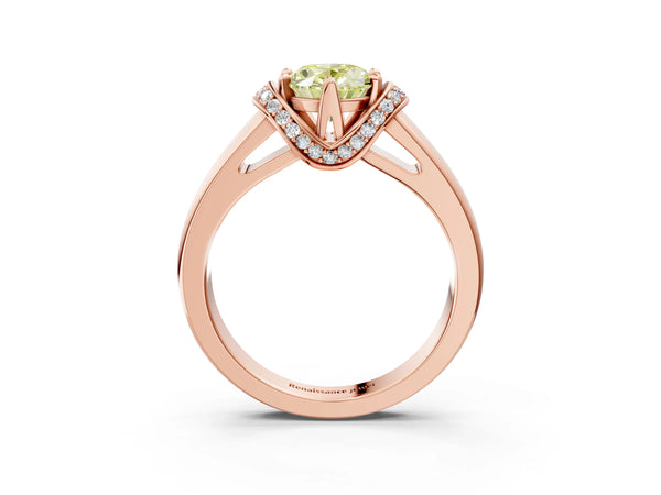 Rose gold Fancy Yellow Oval  Solitaire Diamond Ring with Pave Band and Six-Prong Setting
