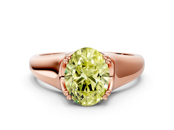 Rose gold Fancy Yellow Oval Cut Diamond Solitaire Ring with Wide Band and Prong Setting