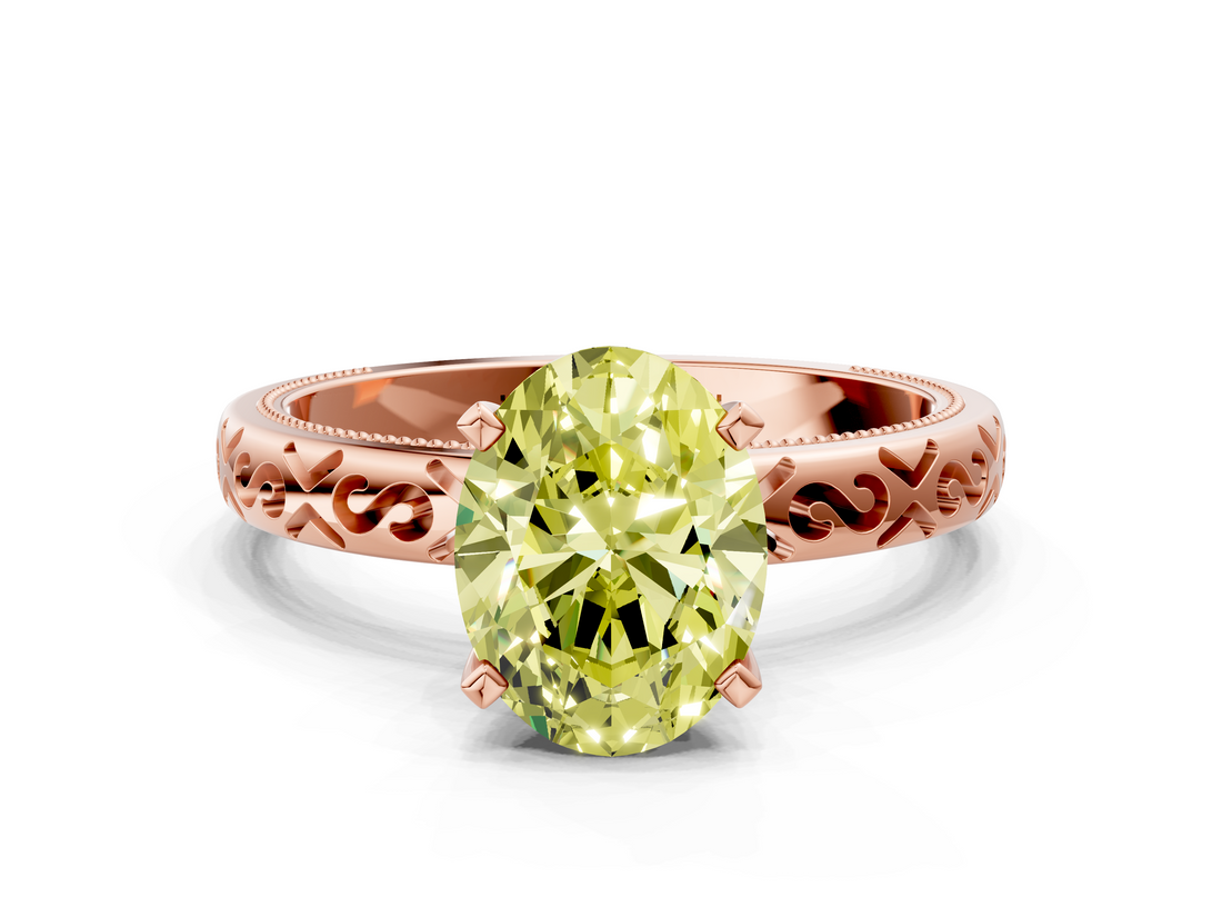 Rose gold Fancy Yellow Oval  Solitaire Engagement Ring with Scrollwork Band and Four-Prong Setting_130