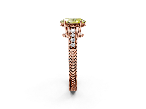 Rose gold Fancy Yellow Oval  Solitaire Pavé Diamond Milgrain Engagement Ring with Four-Prong Setting