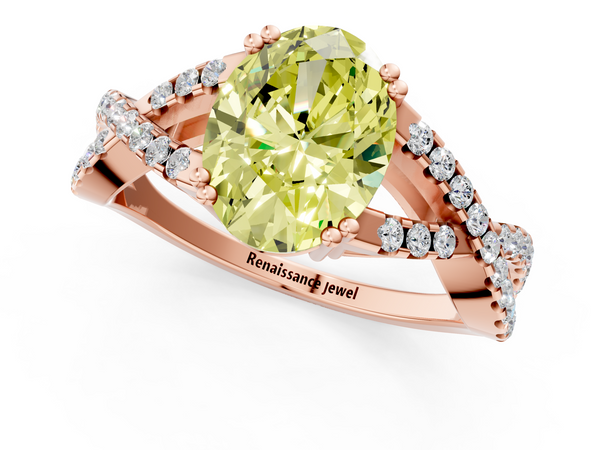 Rose gold Fancy Yellow Oval Cut Diamond Solitaire Ring with Four-Prong Setting and Twisted Pavé Band