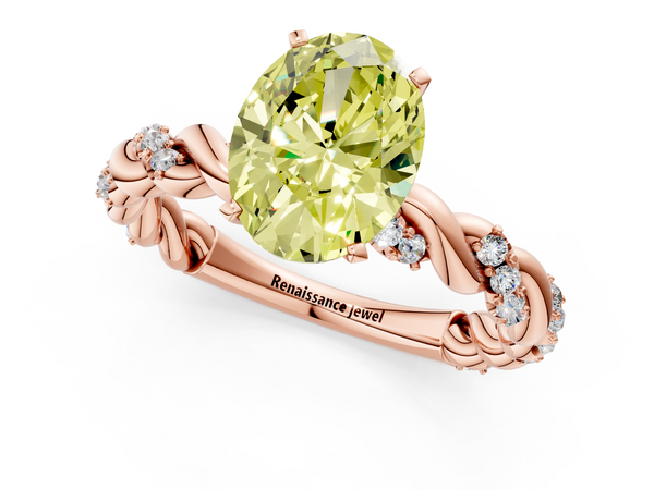 Rose gold Fancy Yellow Oval Cut Diamond Solitaire Ring with Twisted Band and Pavé Accents
