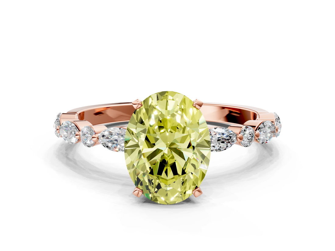 Rose gold Fancy Yellow Oval  Solitaire with Side Stones on a Pavé Band and Four-Prong Setting_23