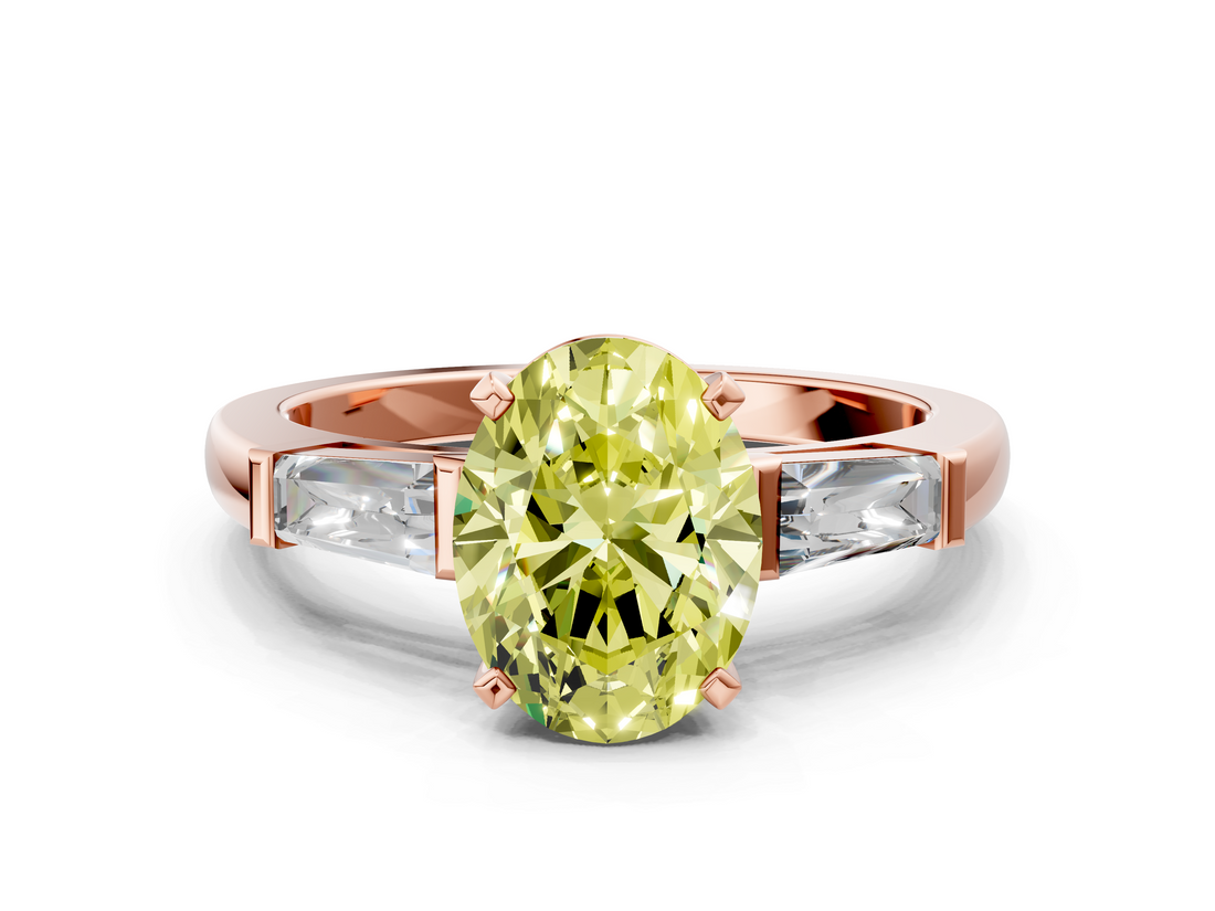 Rose gold Fancy Yellow Oval  Solitaire with Tapered Baguette Side Stones on a Classic Band with Four-Prong Setting_63