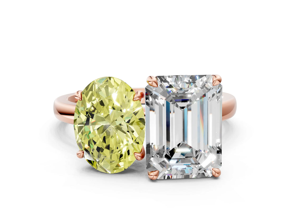 Rose gold Fancy Yellow Oval  and Emerald Cut Toi Moi Ring with Prong Setting_62