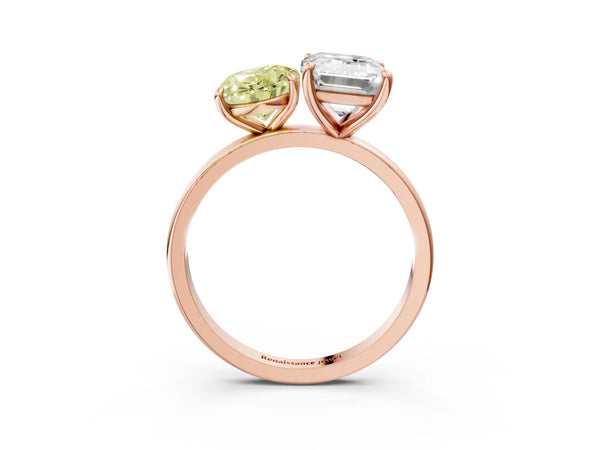 Rose gold Fancy Yellow Oval  and Emerald Cut Toi Moi Ring with Prong Setting