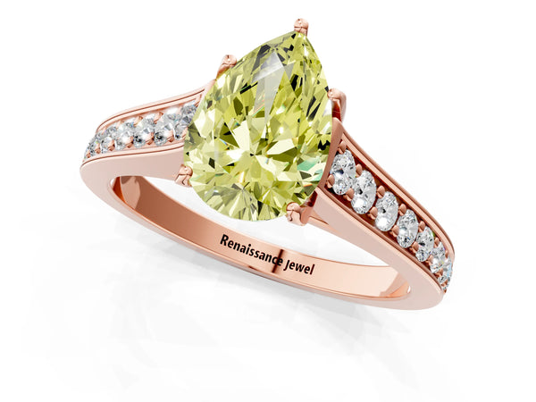 Rose gold Fancy Yellow Pear  Brilliant Cut Diamond Engagement Ring with Pavé Band and Four-Prong Setting