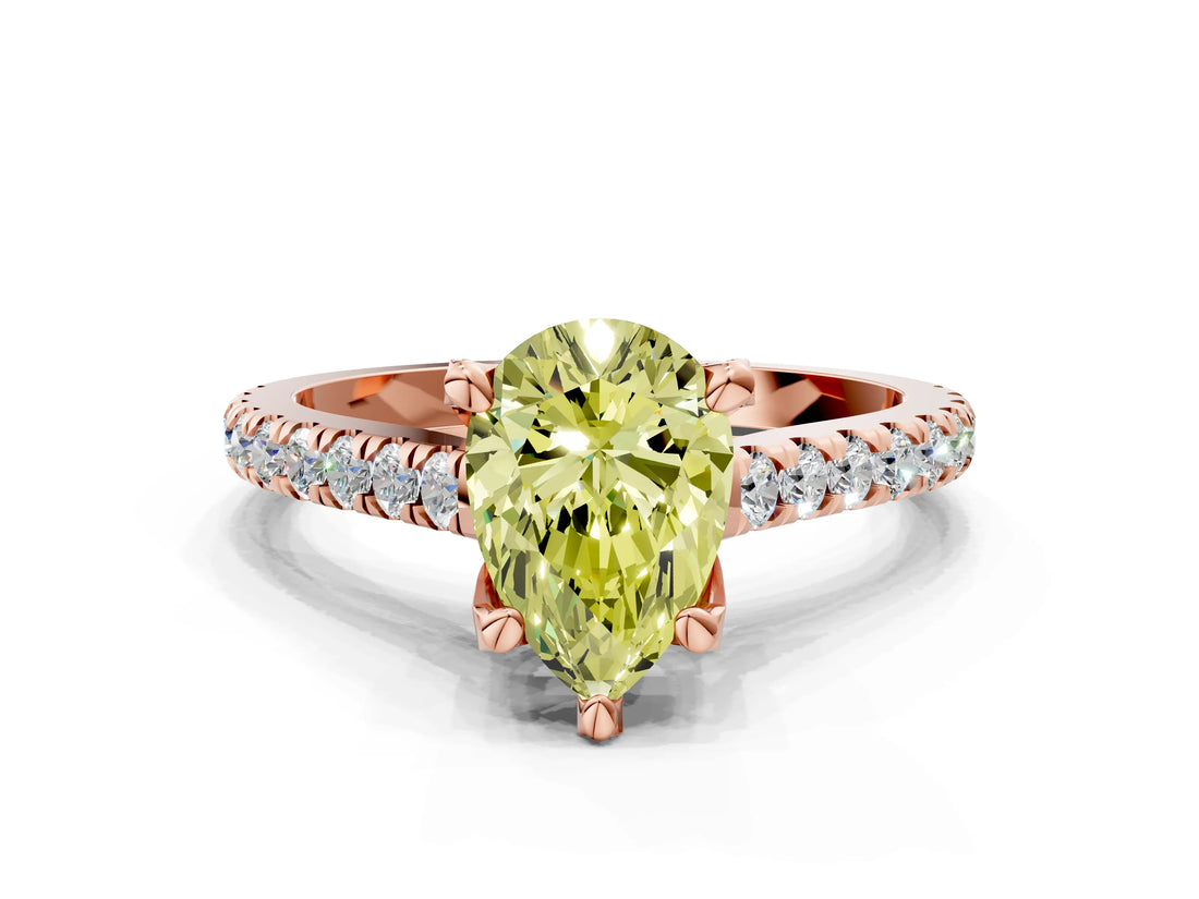 Rose gold Fancy Yellow Pear  Brilliant Diamond Solitaire with Pavé Band and Four-Prong Setting