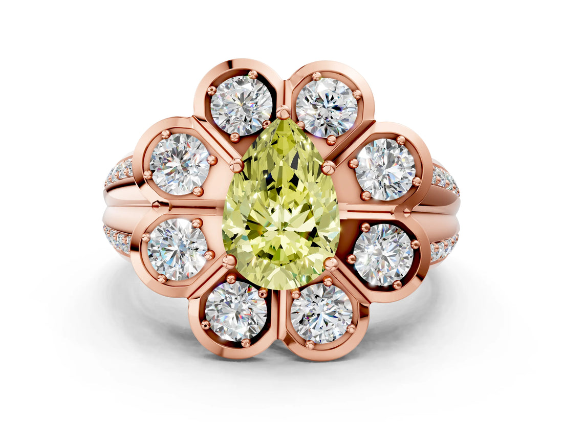 Rose gold Fancy Yellow Pear  Brilliant Flower Halo Diamond Split Shank Ring_21