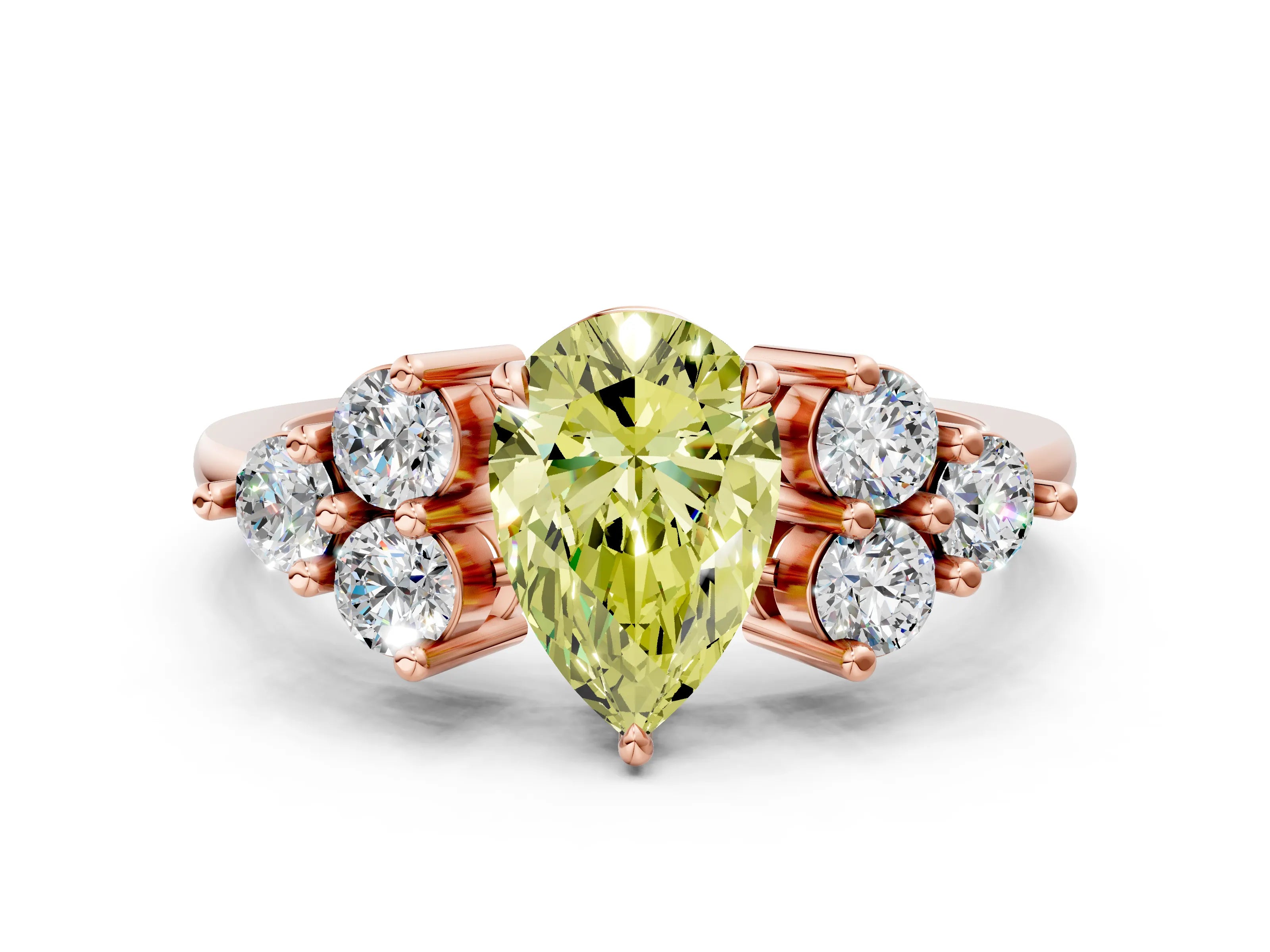 Rose gold Fancy Yellow Pear Cut Brilliant Diamond Cluster Accent Solitaire Ring with Prong Setting