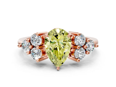 Rose gold Fancy Yellow Pear Cut Brilliant Diamond Cluster Accent Solitaire Ring with Prong Setting