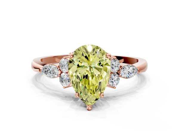 Rose gold Fancy Yellow Pear Cut Brilliant Diamond Solitaire Ring with Pear Side Stones and Four-Prong Setting