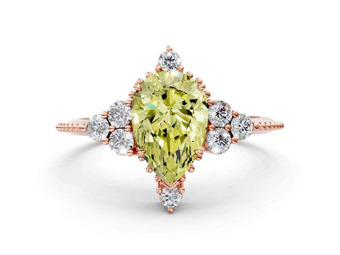 Rose gold Fancy Yellow Pear Cut Brilliant Diamond with Cluster Setting on a Beaded Band and Four-Prong Setting